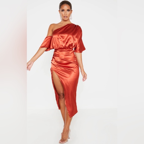 RUST SATIN ONE SHOULDER RUCHED SKIRT MIDI DRESS | PLT | Size UK 6 - Picture 3 of 5